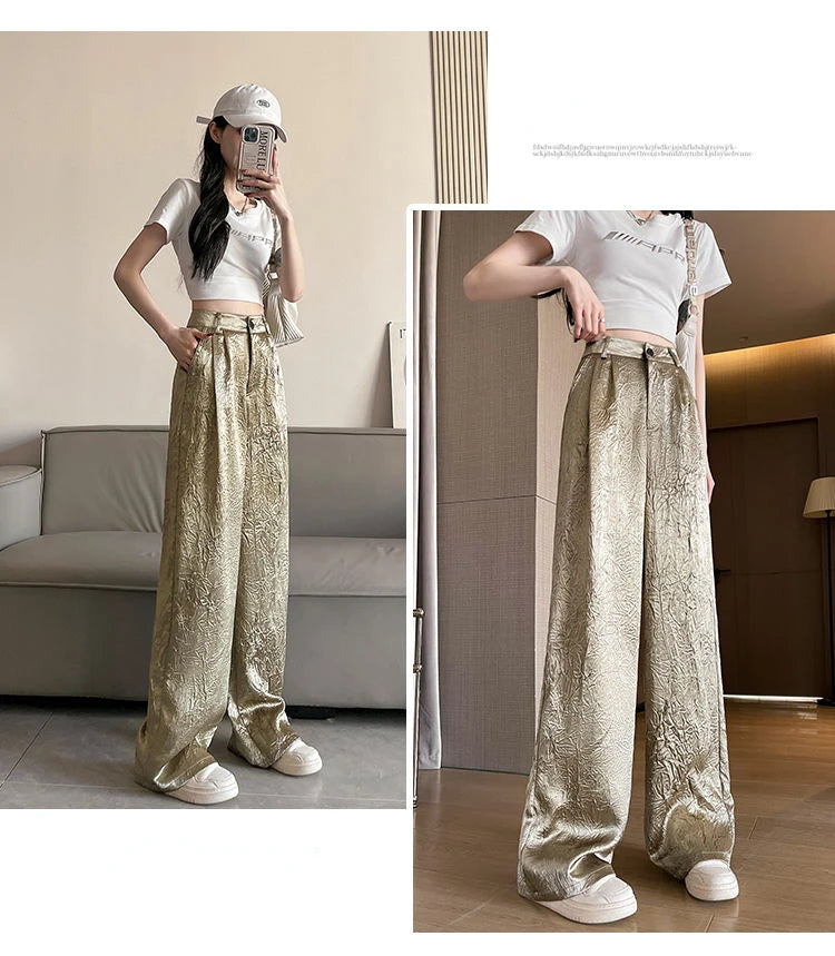Silver Textured High-Waist Wide-Leg Trousers