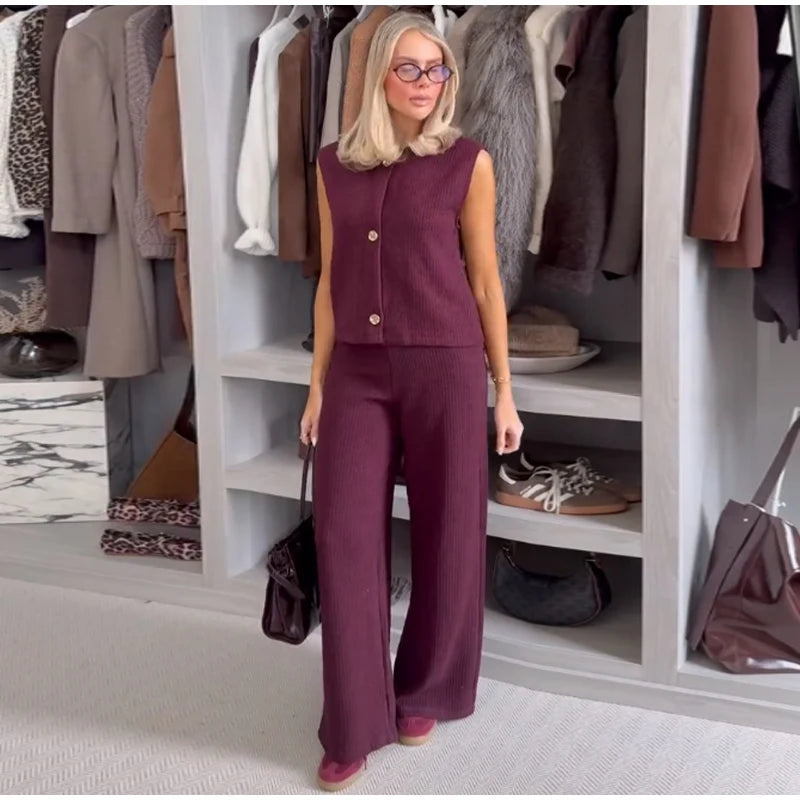 Knit Sleeveless Vest & Wide-Leg Trousers Set