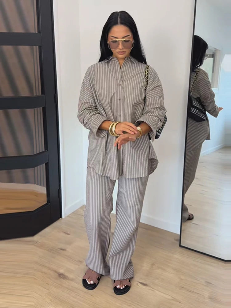 Striped Lapel Shirt & Straight-Leg Trousers Set