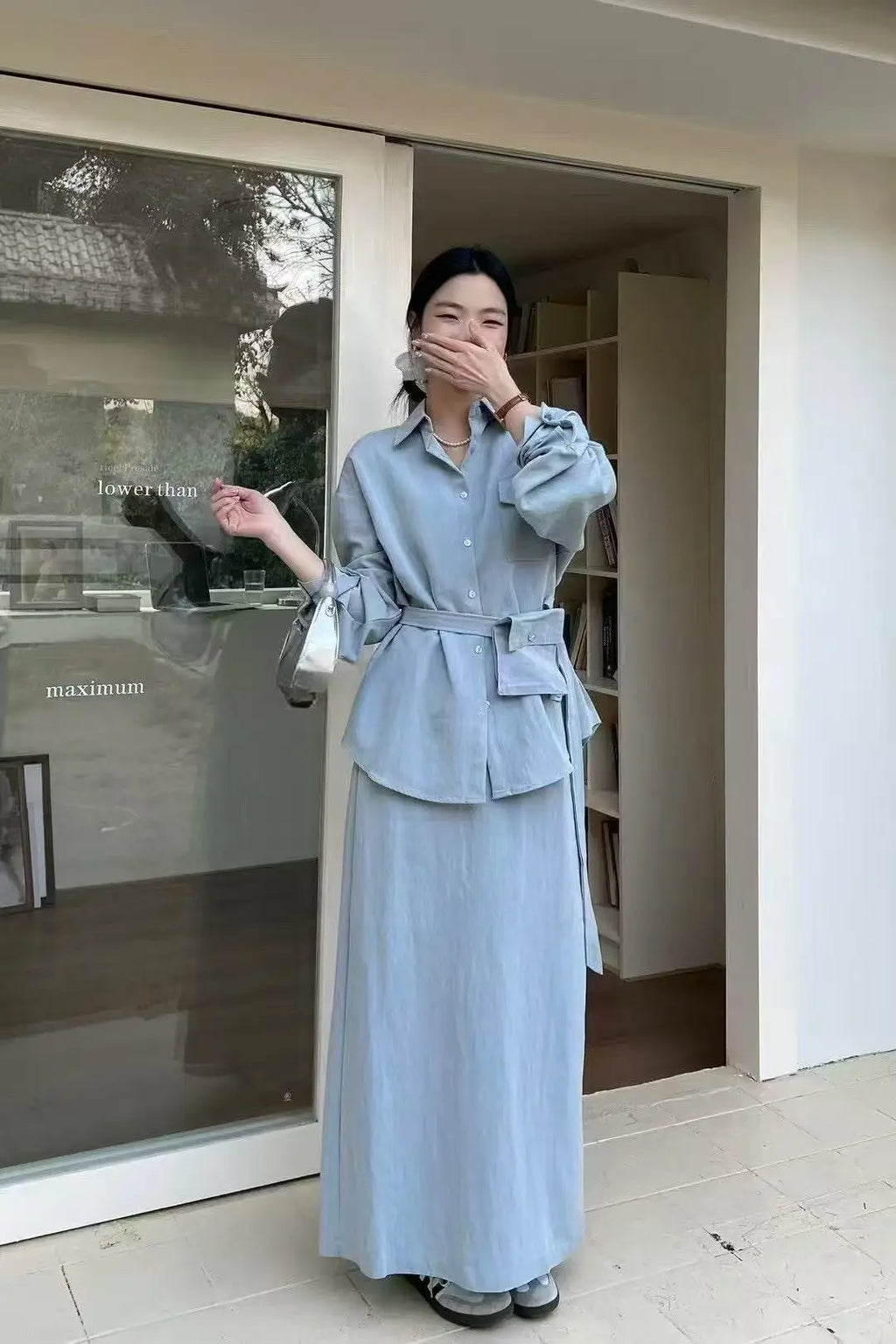 Belted Lapel Top & Straight Midi Skirt Set