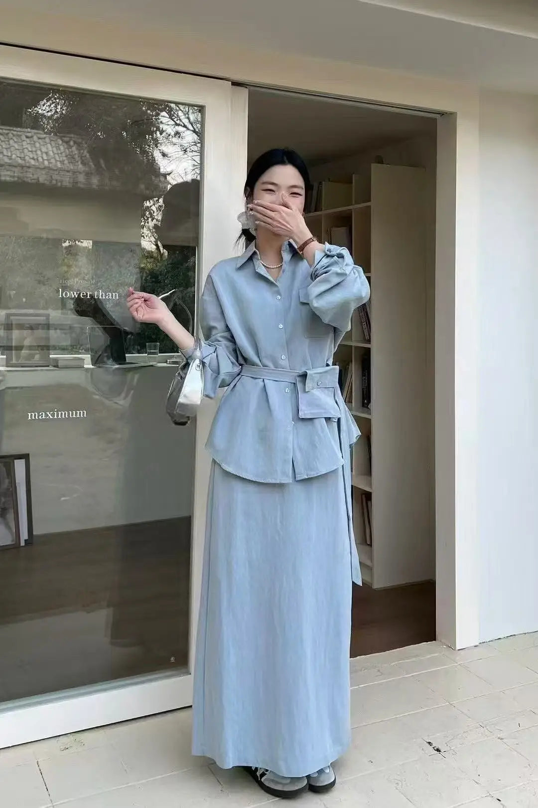 Belted Lapel Top & Straight Midi Skirt Set