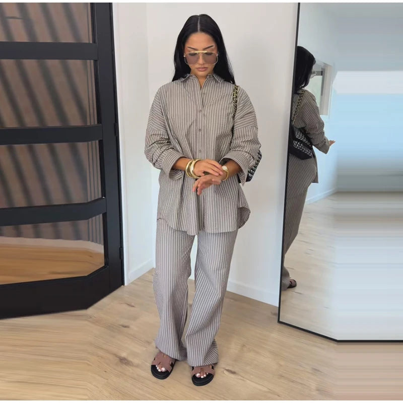 Striped Lapel Shirt & Straight-Leg Trousers Set