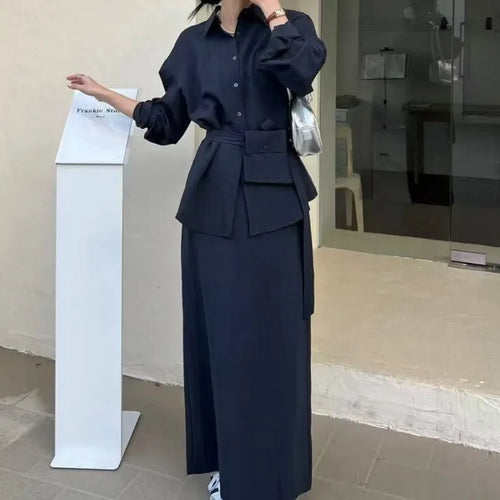 Belted Lapel Top & Straight Midi Skirt Set