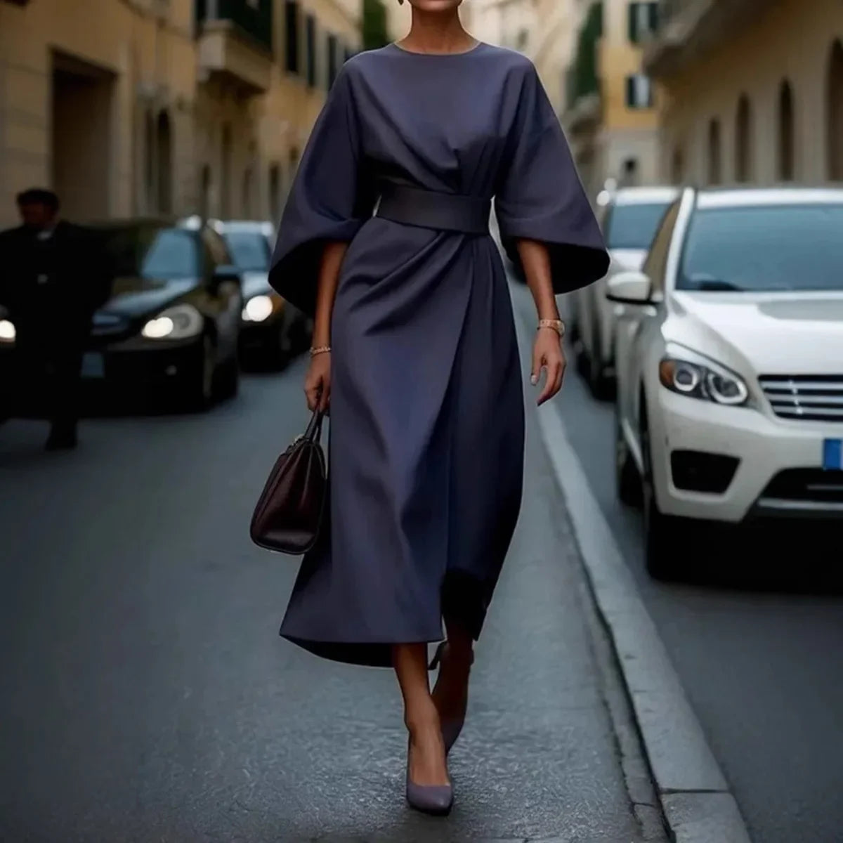Batwing Sleeve Waist-Cinching Maxi Dress