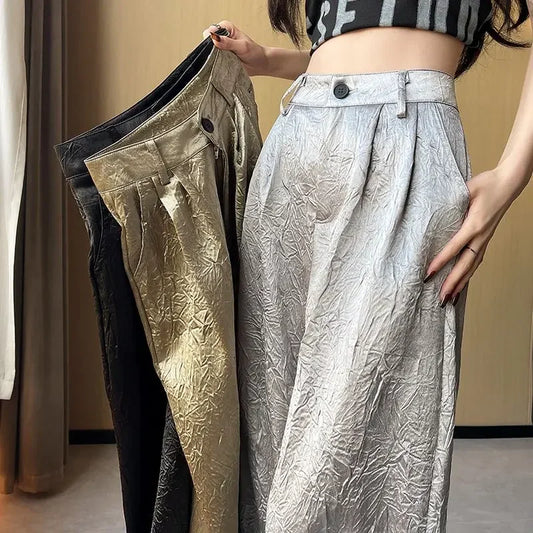 Silver Textured High-Waist Wide-Leg Trousers