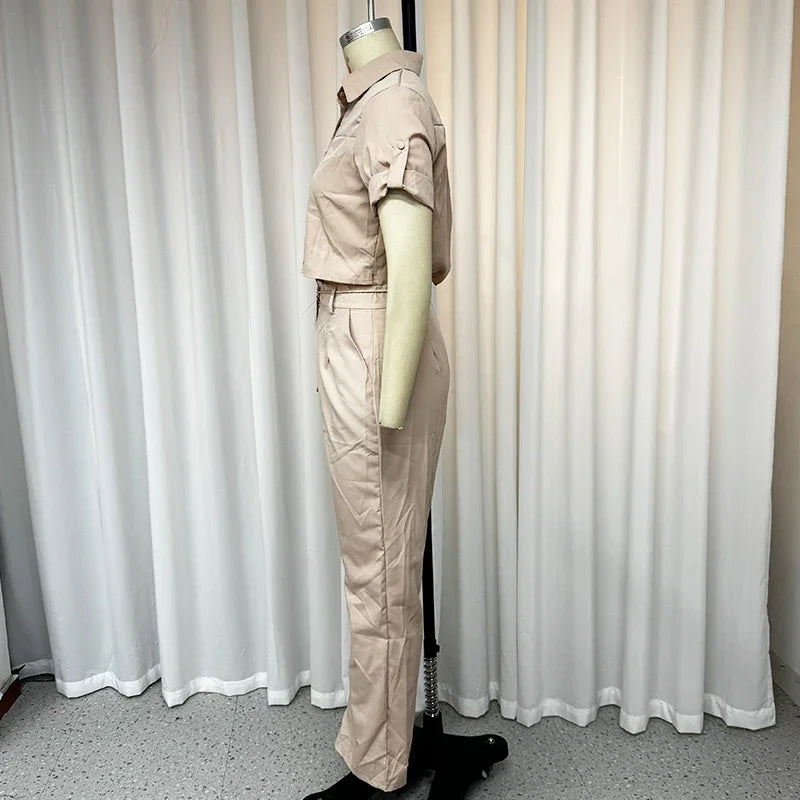 Belted Lapel Short-Sleeve Top & Wide-Leg Trousers Set