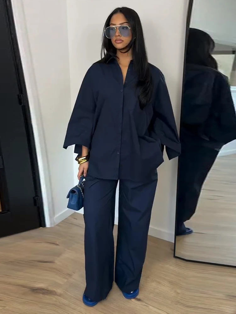 Striped Lapel Shirt & Straight-Leg Trousers Set