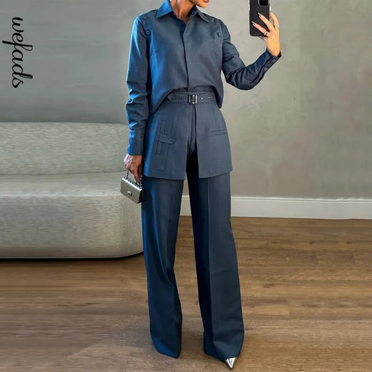 Buckle Lapel Top & Straight Trousers Set