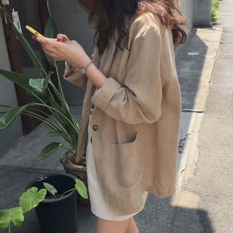 Notch Lapel Cotton Linen Casual Blazer