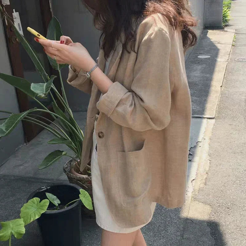 Notch Lapel Cotton Linen Casual Blazer