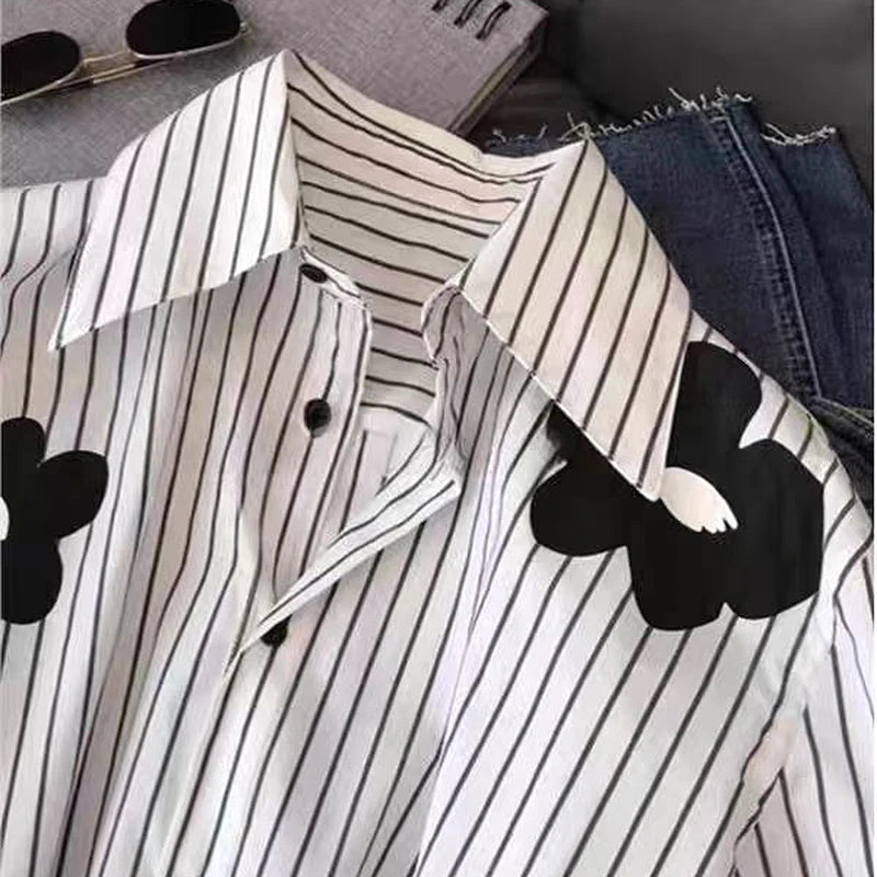Floral Stripe Puff-Sleeve Blouse