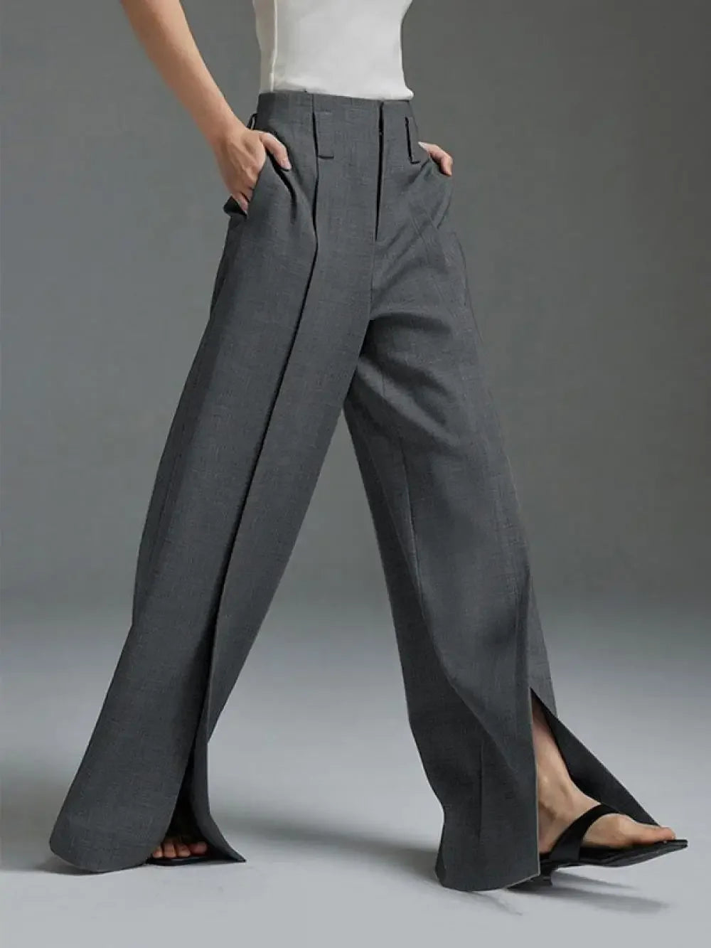 High-Waist Pleated Split-Front Wide-Leg Trousers