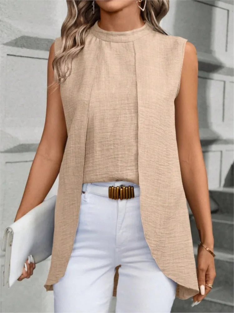 Layered-Look Sleeveless Solid Blouse