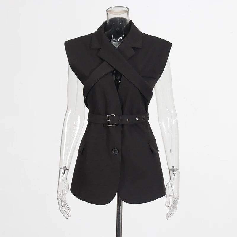 Belted Lapel Sleeveless Waistcoat