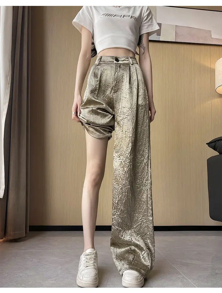Silver Textured High-Waist Wide-Leg Trousers