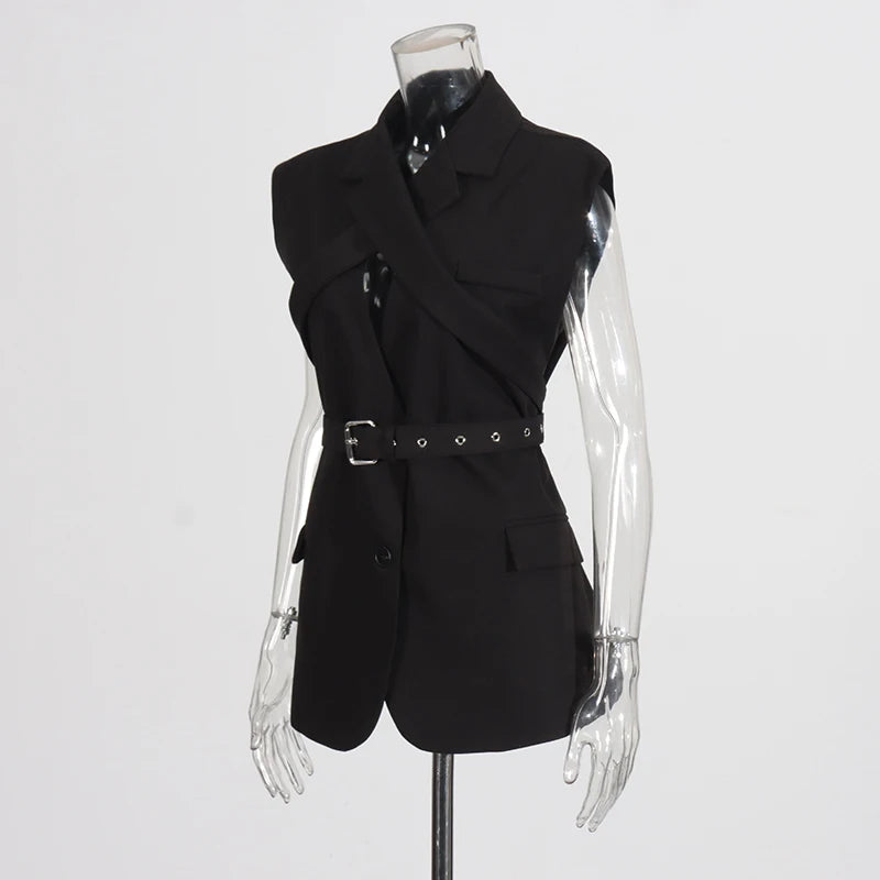 Belted Lapel Sleeveless Waistcoat