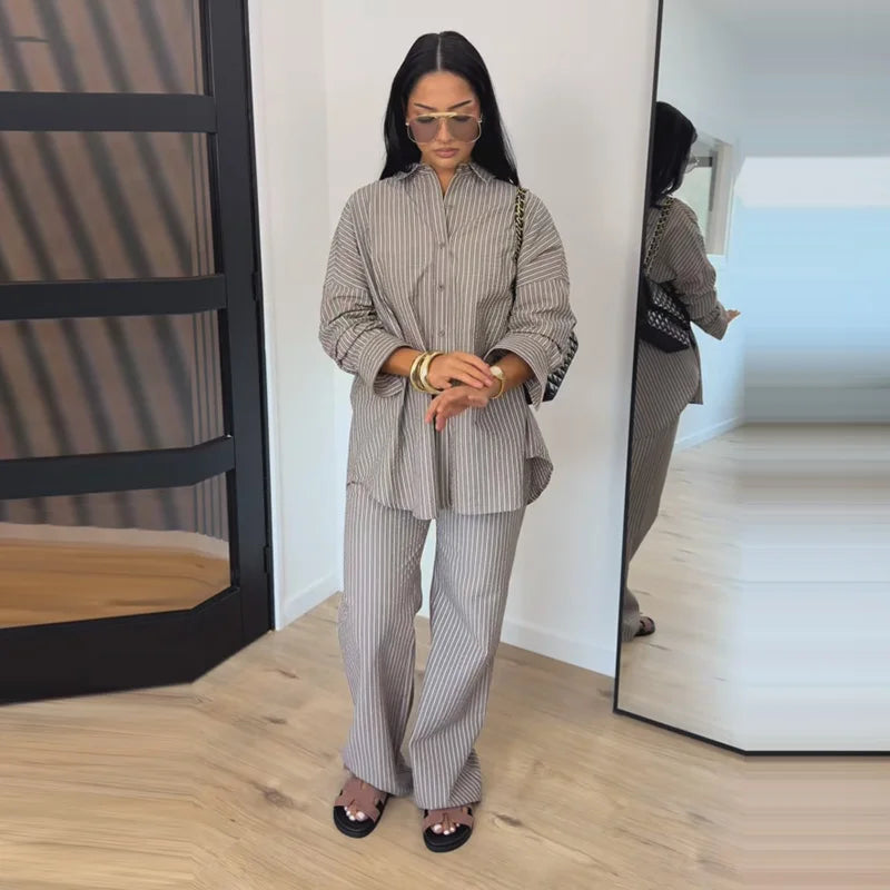 Striped Lapel Shirt & Straight-Leg Trousers Set