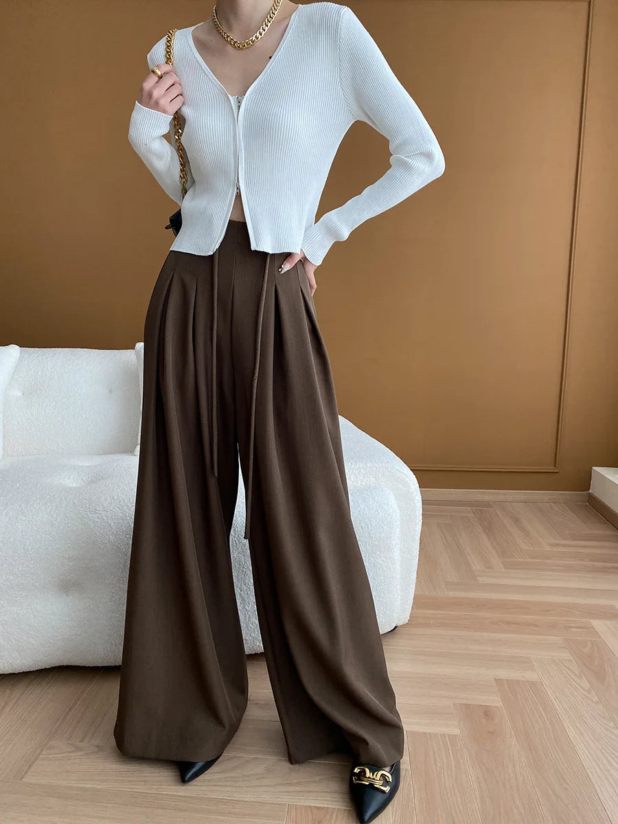Drawstring High-Waist Wide-Leg Trousers