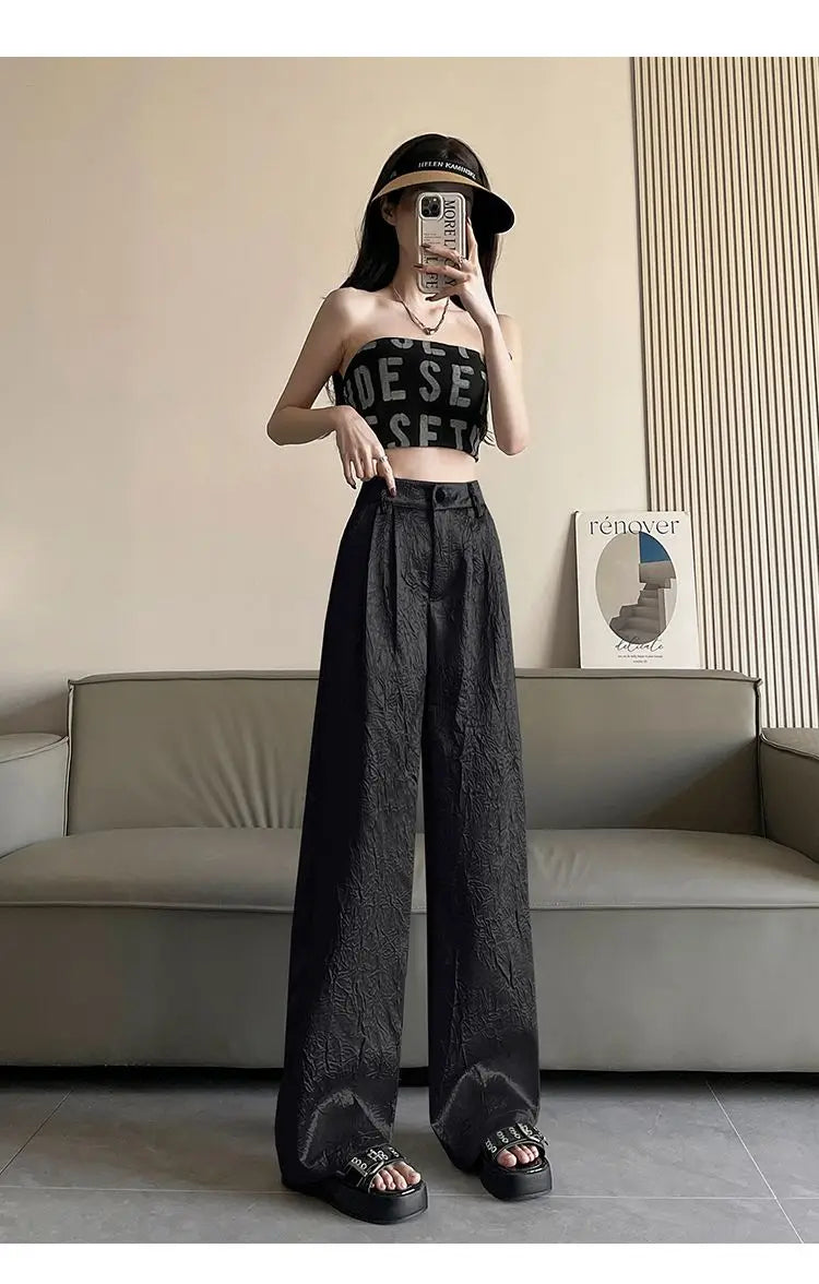Silver Textured High-Waist Wide-Leg Trousers
