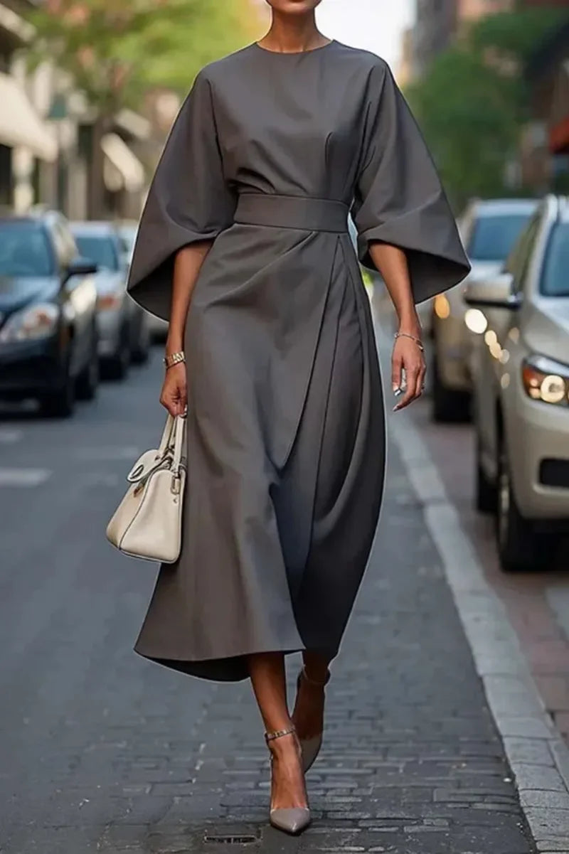 Batwing Sleeve Waist-Cinching Maxi Dress