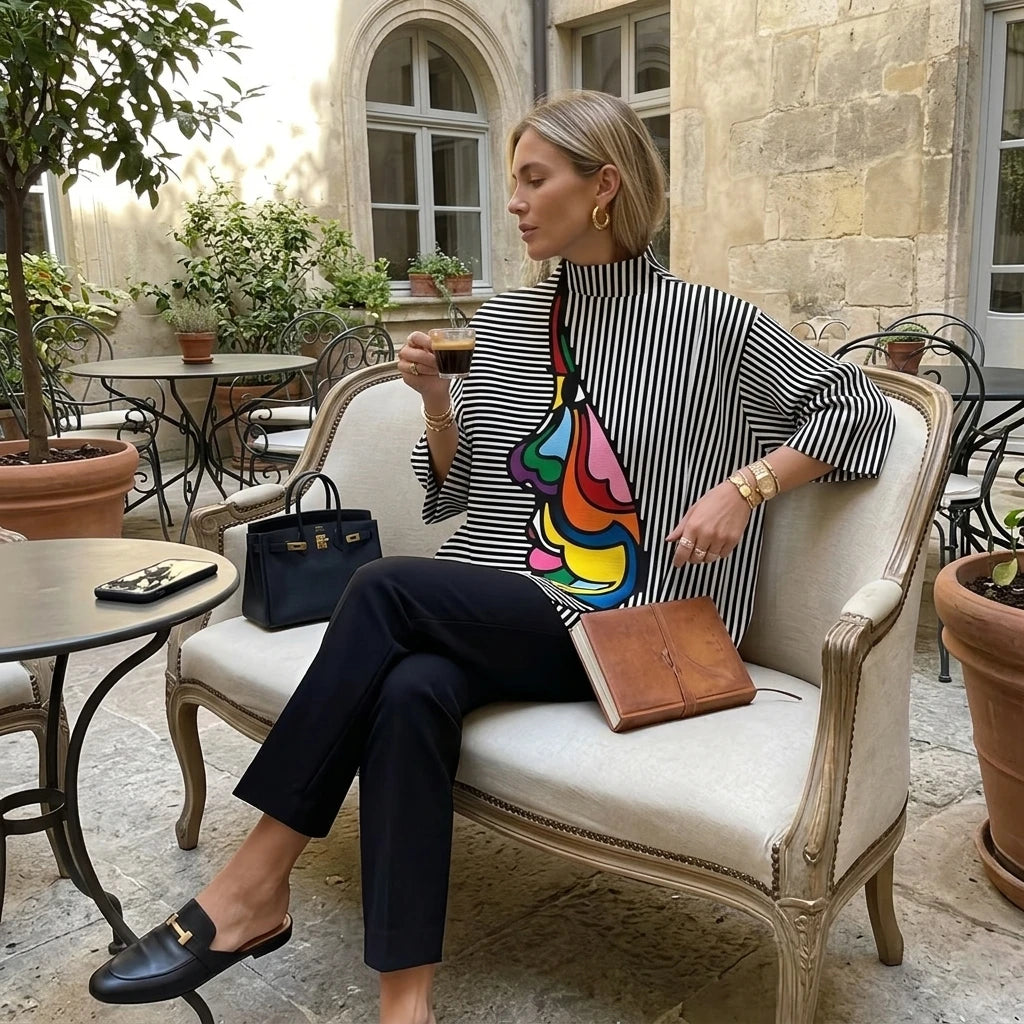 Striped Stand Collar T-Shirt