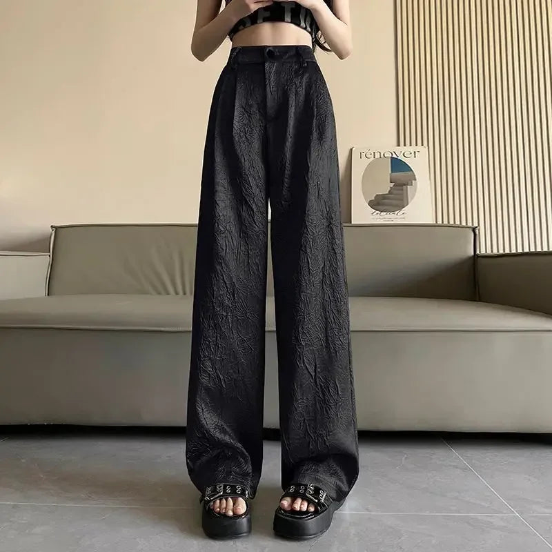 Silver Textured High-Waist Wide-Leg Trousers