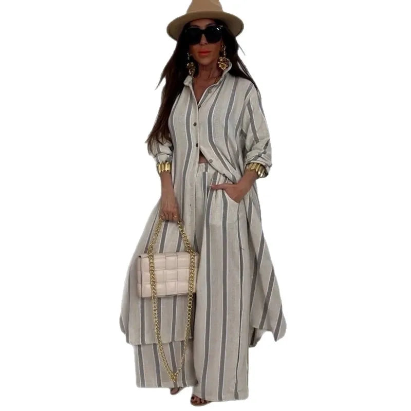 Striped Shirt & Wide-Leg Trousers Set