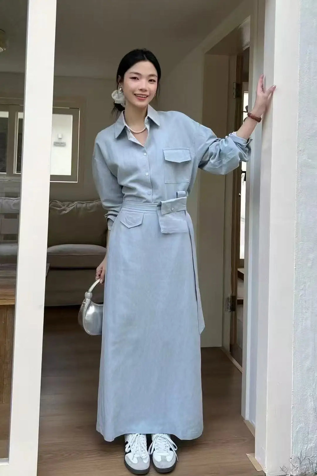 Belted Lapel Top & Straight Midi Skirt Set