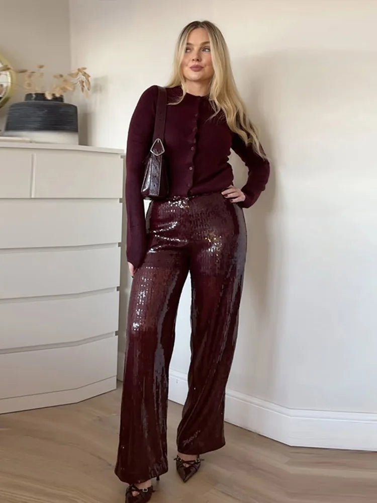 Sequin High-Waist Wide-Leg Trousers