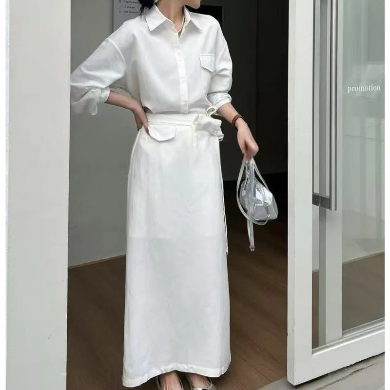 Belted Lapel Top & Straight Midi Skirt Set