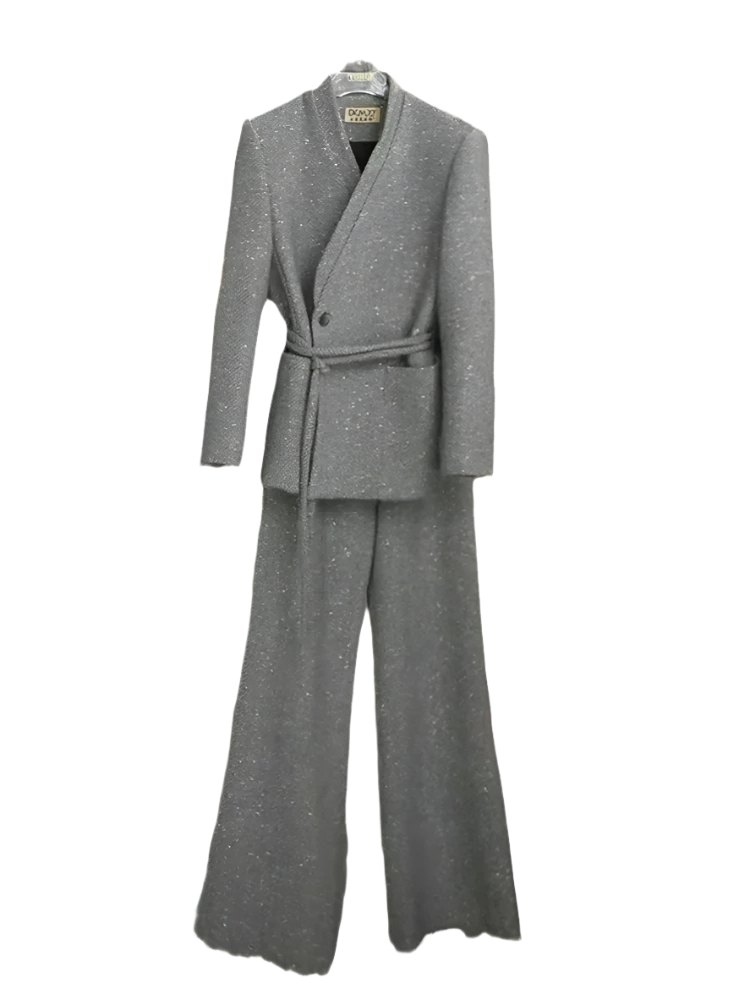 V-Neck Gathered Blazer & Wide-Leg Trousers Set