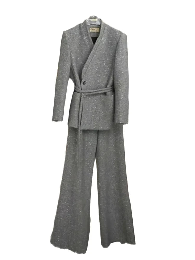 V-Neck Gathered Blazer & Wide-Leg Trousers Set