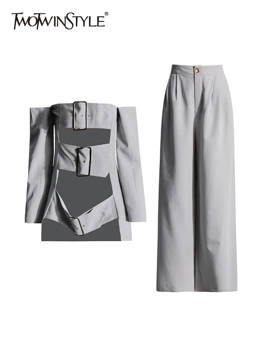 Strapless Hollow-Out Top & Wide-Leg Trousers Set