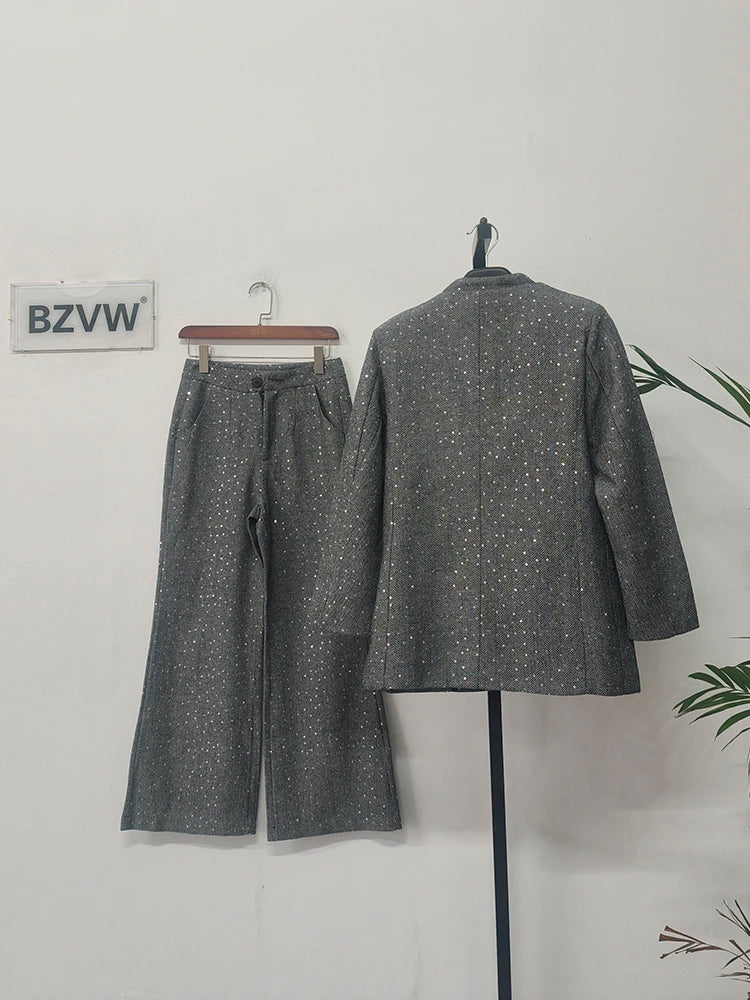V-Neck Gathered Blazer & Wide-Leg Trousers Set