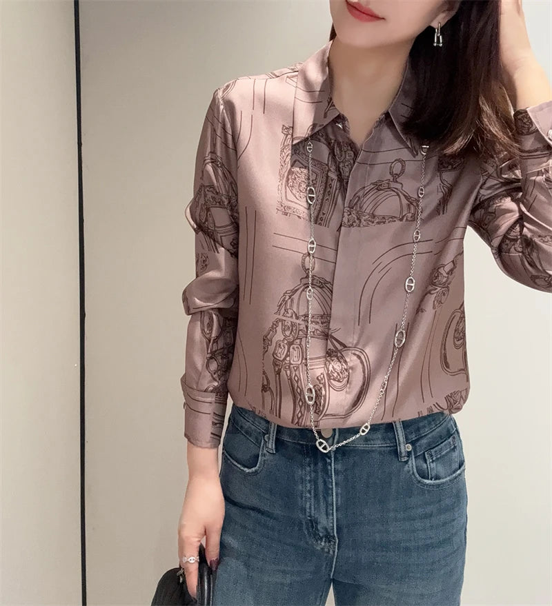 Vintage Print Long Sleeve Luxury Blouse