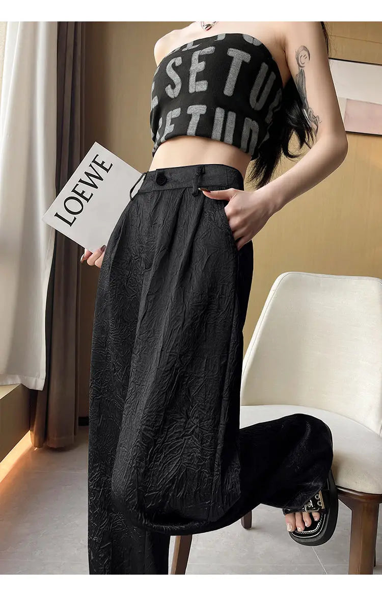 Silver Textured High-Waist Wide-Leg Trousers