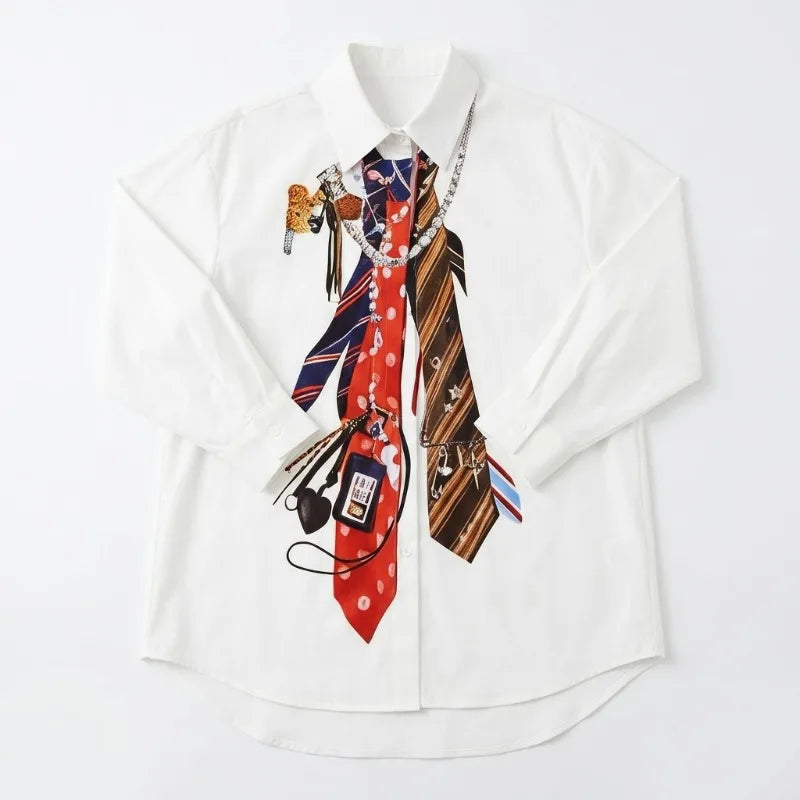 Tie-Print Puff Sleeve Asymmetric Blouse