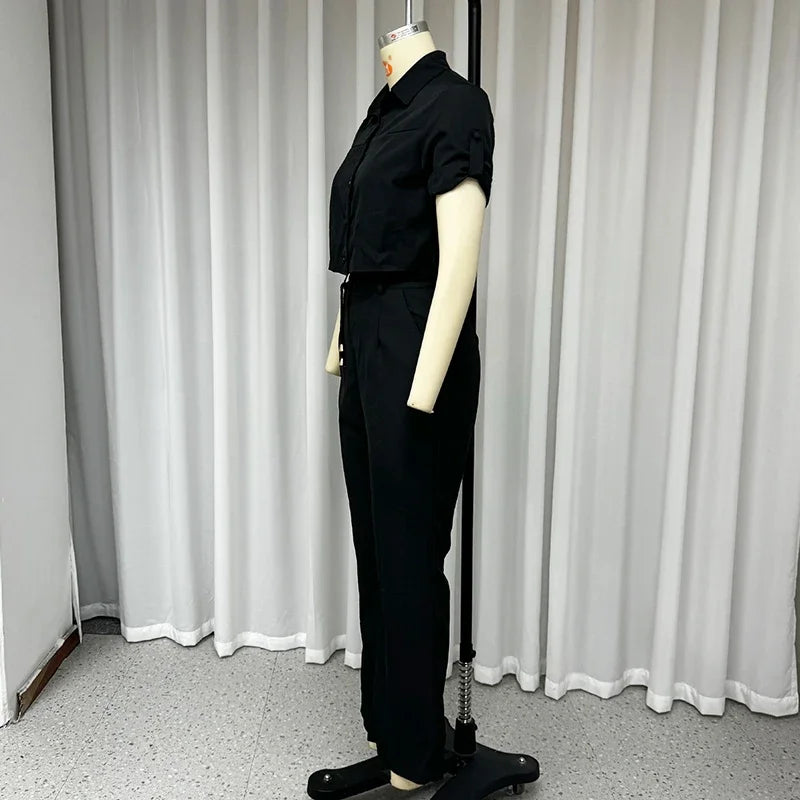Belted Lapel Short-Sleeve Top & Wide-Leg Trousers Set