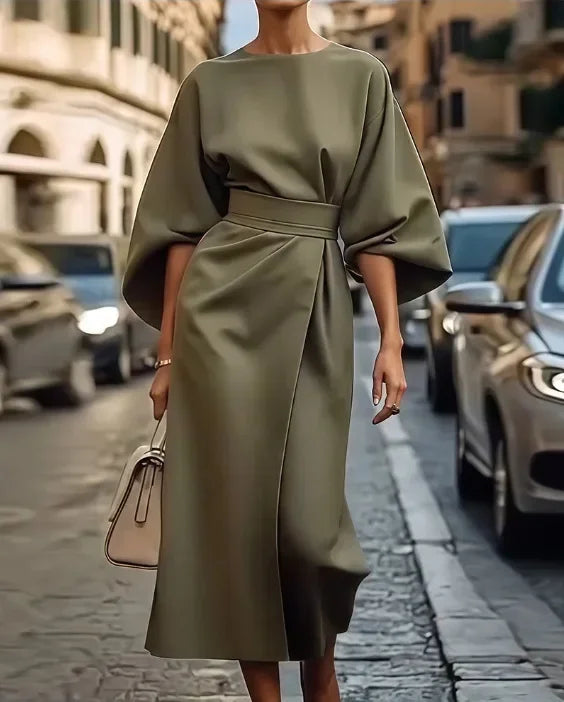 Batwing Sleeve Waist-Cinching Maxi Dress