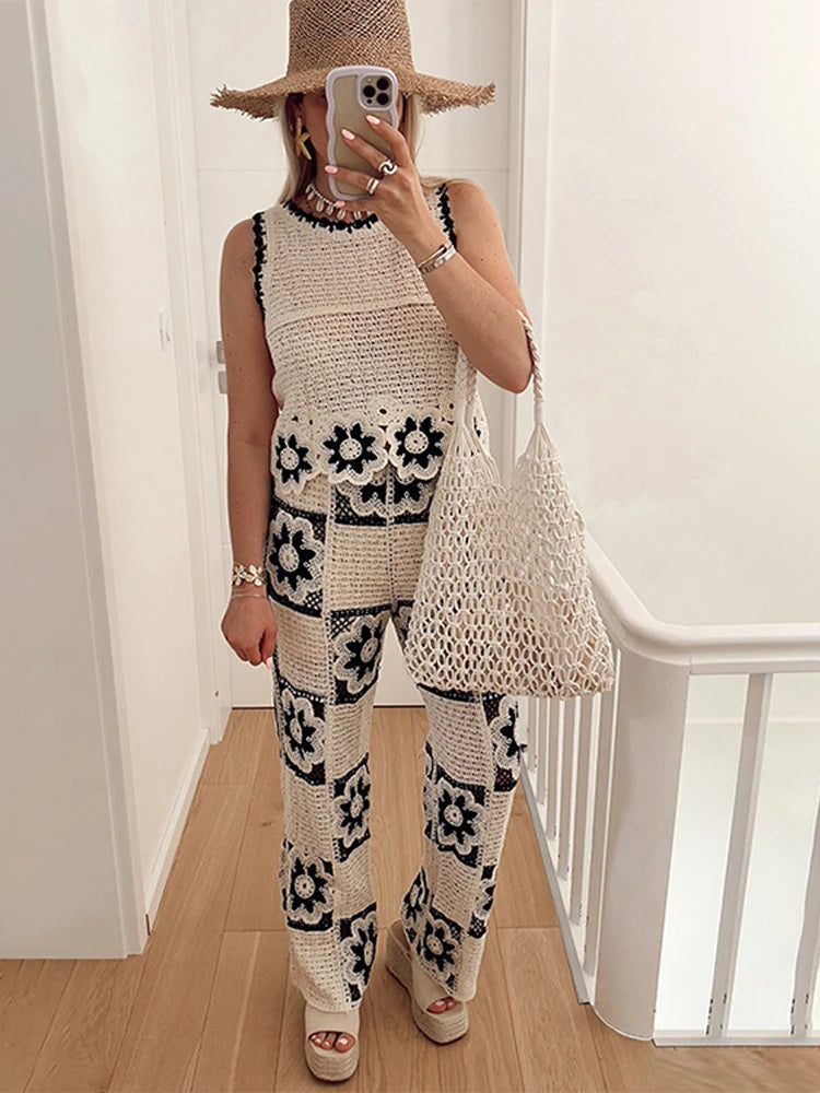 Crochet Hollow-Out Vest & Straight-Leg Trousers Set