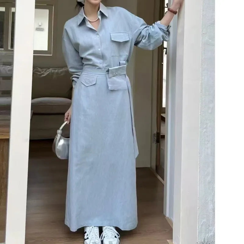 Belted Lapel Top & Straight Midi Skirt Set