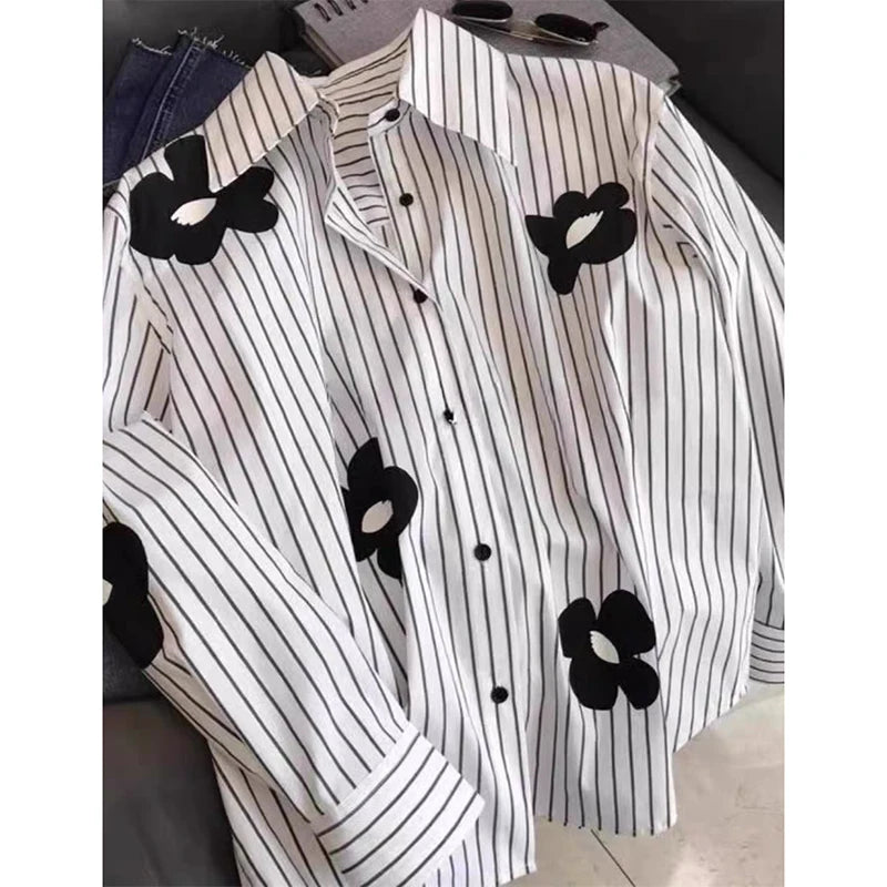 Floral Stripe Puff-Sleeve Blouse