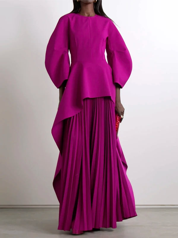 Tiered Pleated Long-Sleeve Maxi Dress