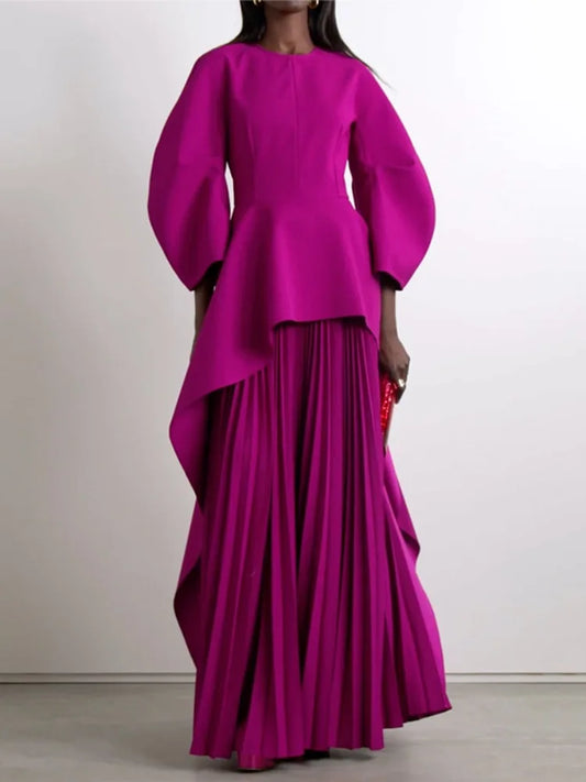 Tiered Pleated Long-Sleeve Maxi Dress