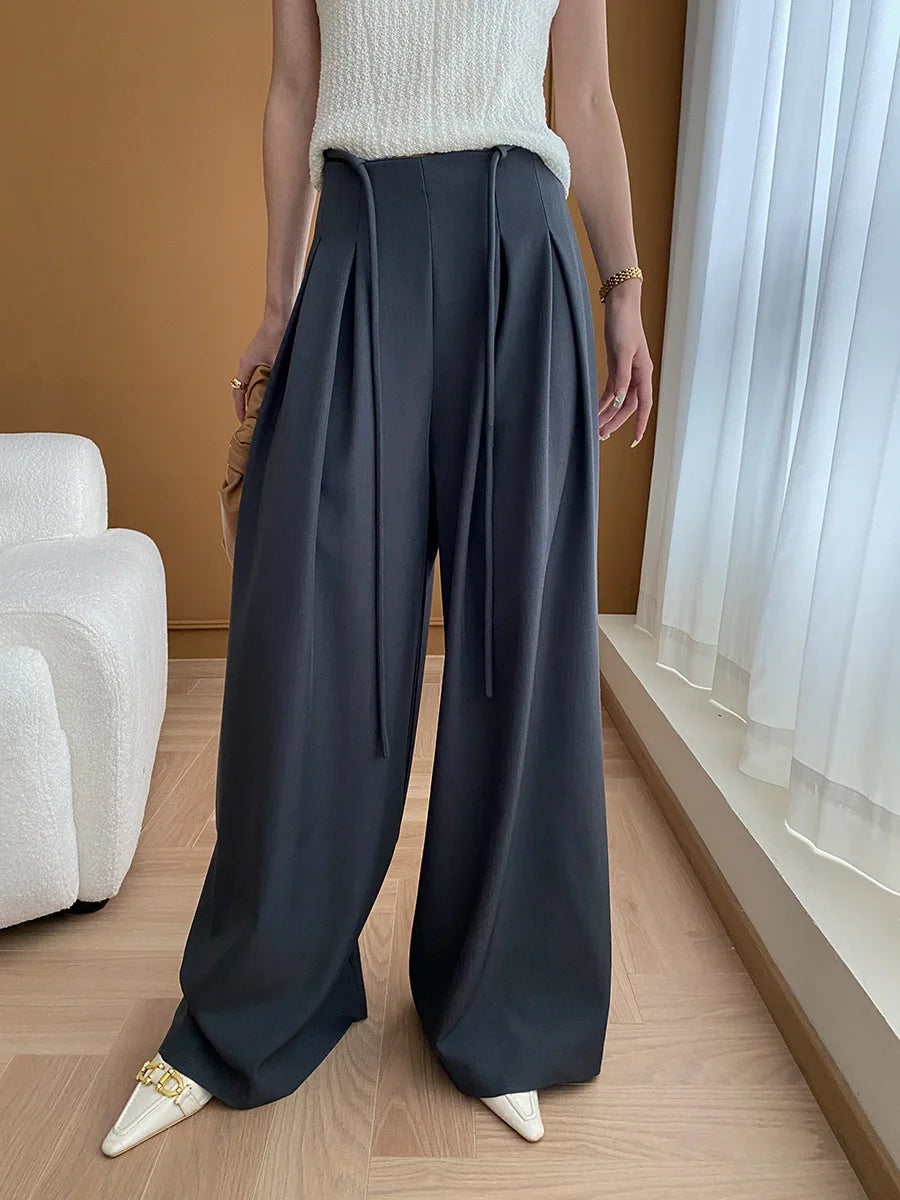 Drawstring High-Waist Wide-Leg Trousers
