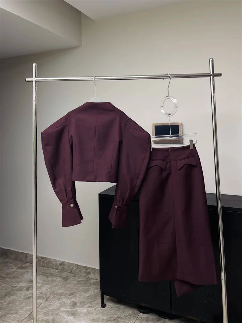 Puff Sleeve Jacket & Pleated Midi Skirt Set