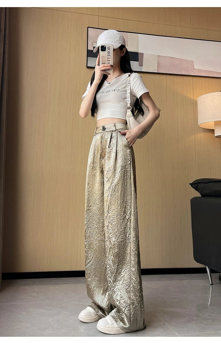 Silver Textured High-Waist Wide-Leg Trousers