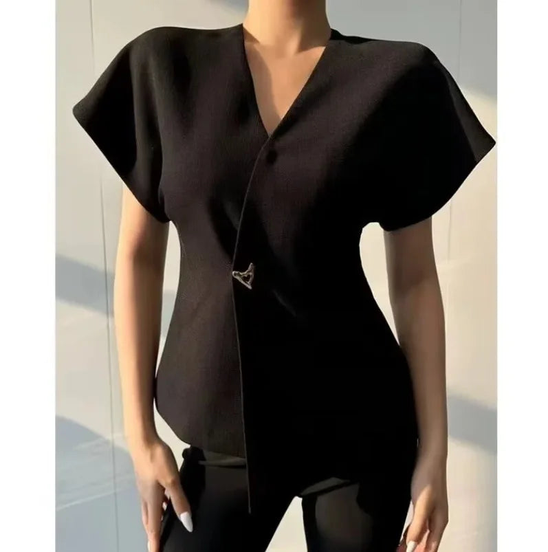 Rivet Button Short-Sleeve Cardigan Top