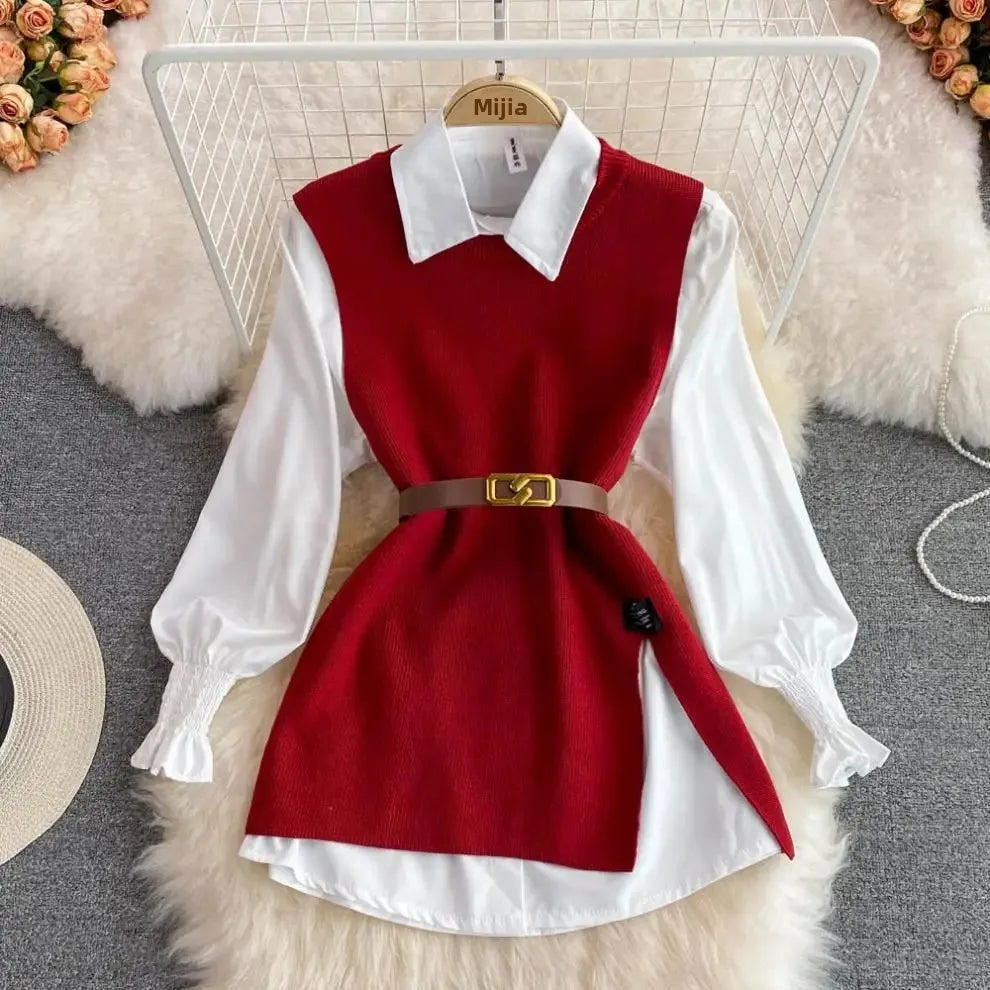 Shirt & Knit Vest Two-Piece Set
